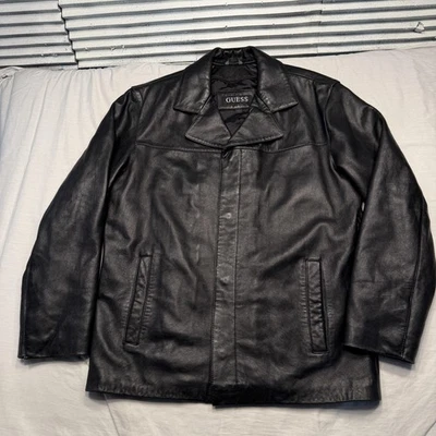 Guess Leather Jacket Mens Small Black Car Coat Button Front Pockets Lined VTG - Image 1 of 4