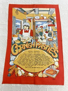 Vintage All Cotton Tea Towel w Cornish Pasties Recipe Pattern Kitchen Art Gift - Bild 1 von 14