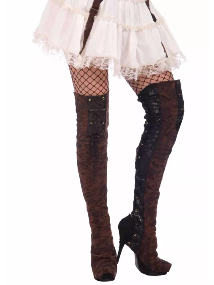 Steampunk Western Damas Botas Zapatos Cubiertas Hasta el Muslo Marrón y Negro Disfraz  Foto 1 de 1