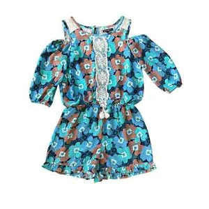 Girls L Sequin Hearts Blue Orange Floral Open Shoulder 3/4 Sleeve Shorts Romper - Picture 1 of 2