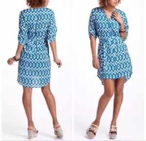 Maeve by Anthropologie Womens Blue 3/4 Sleeve Ikat Shirt Dress Size Small - Picture 1 of 11