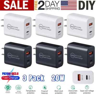 3Pack 20W PD Type C Dual USB Wall Charger Fast Quick Charge QC 3.0 Power Adapter - Image 1 of 4