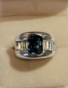Art Deco Royal Blue Emerald Cut Rhinestone Camille Lucie Silver tone sz 9 Ring - Picture 1 of 6