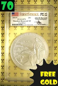 2016-P Roosevelt 5 Oz SILVER Quarter PCGS SP 70 FS Mercanti w/FREE GOLDBACK* - Picture 1 of 4