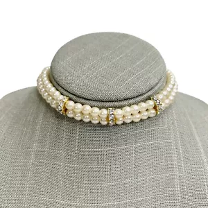 Claire’s Faux Pearl Clear Rhinestone Double Strand Choker or Collar Necklace - Picture 1 of 13