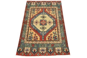 Geometric Kazak Rug 3’3” x 4’11” Red Wool Tribal Hand-Knotted Oriental Carpet - Picture 1 of 12