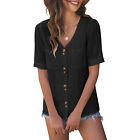 Women Summer Solid Short Sleeve V Neck Button Down Shirts Casual Blouse W/Pocket