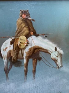 N. Thomas signed Native American on Horse on Cold Winter Day Oil on Convas - Picture 1 of 3