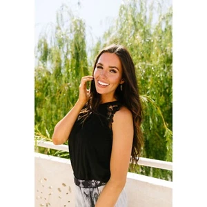 Black Casual Top with Lace Short Sleeves - Picture 1 of 8