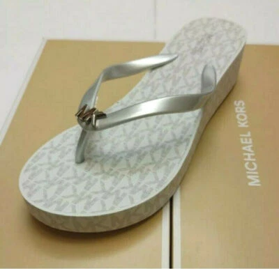 Michael Kors Womens Wedge Flip Flops BEDFORD GLAM LOGO Vanilla or White NEW - Image 1 of 4