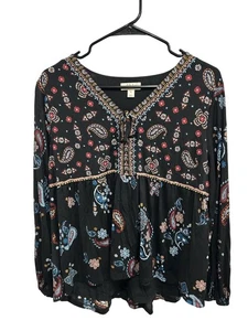 Style & Co Paisley Blumen Langarm Bluse schwarz Gr. Large Petite Witchy Boho - Bild 1 von 13
