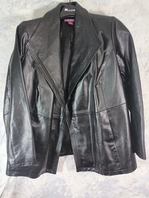 Jessica London 罕见超大翼领皮革夹克 带不对称拉链 - M — 第 1/4 张图片