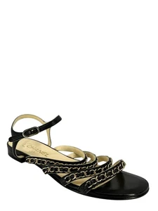 CHANEL Chain Link Leather Flat Sandals Size 9 - Picture 1 of 6