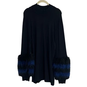 Alfani Womens Faux Fur Cuff Sweater Size XL Black Blue Mock Neck Long Sleeve - Picture 1 of 7