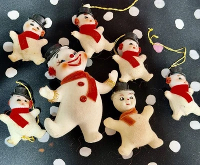 Lote de 7 enfeites de Natal vintage de plástico rígido dos anos 50 boneco de neve gelado flocado B1 - Imagem 1 de 4