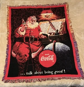 Retro 1994 Coca Cola Santa Claus Navidad Vacaciones Tejido Flecos Manta - Imagen 1 de 24