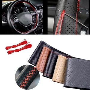 Genuine Leather Car Truck Steering Wheel Cover Leather Stitch on 15 Inch 38cm - Foto 1 di 12