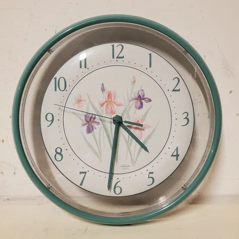 Vintage Sunbeam Wall Clock Quartz 11" Clear Front 80's Pastel Flowers Seafoam Cover