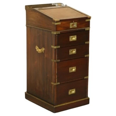 ANTIQUE VICTORIAN BROWN LEATHER BRASS GALLERY MILITARY CAMPAIGN DAVENPORT DESK - Image 1 of 4