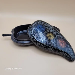 Lacquer Russian Trinket Box Hand Painted Flowers Blue Yellow Pink - Vintage - Picture 1 of 8