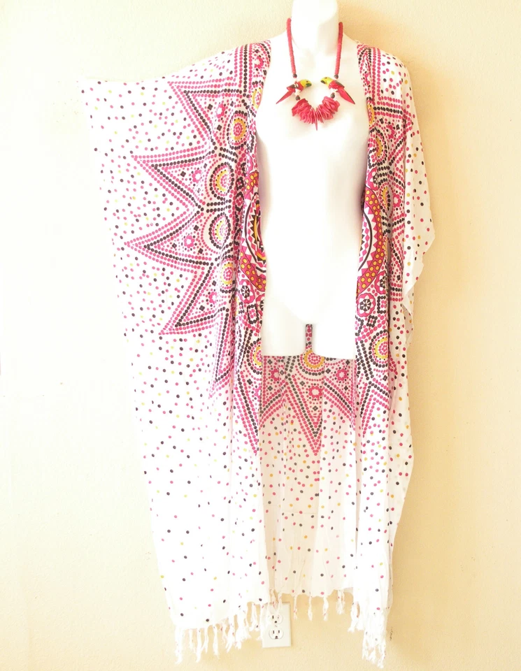 CD641 Pink Polka Dot Rayon Batik Plus Size Open Duster Maxi Cardigan up to 5X - Image 1 of 1