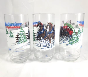 1995 Budweiser Clydesdale Horses Christmas Drinking Glasses Tumblers Qty 3 - Imagen 1 de 9