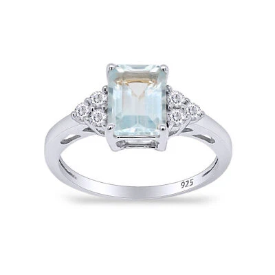 Simulated Blue Aquamarine & White Topaz Wedding Ring 925 Sterling - Image 1 of 4