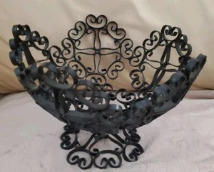 Solid Wrought Iron Scroll Design Metal Fruit Bowl Basket Pedestal Made In Spain - Picture 1 of 11