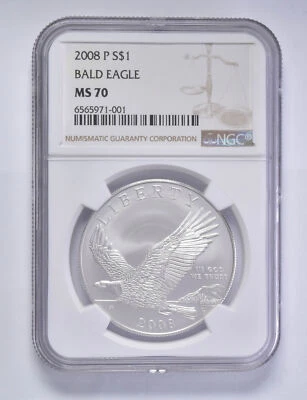 MS70 2008-P American Bald Eagle Commem Silver Dollar $1 NGC Brown Lbl - Image 1 of 4