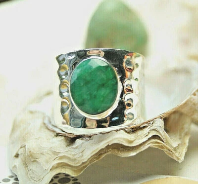  925er Silber Ring 55 57 59 60 62 63 Breit Smarad Grün Hammerschlag Schlicht - Bild 1 von 4