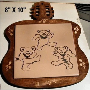 Dancing Bears Grateful Dead Mocha Color Ceramic Trivet W/Wooden Guitar Base - Picture 1 of 2