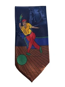 Bowling-Themed Silk Tie Florence B.T. Inc. Navy Blue With Vibrant Graphics 57 In - Bild 1 von 7