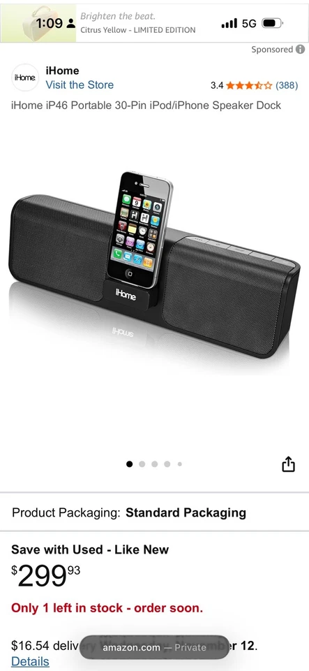 iHome iP46 портативный 30-Pin iPod iPhone динамик док-станция перезаряжаемый черный новый - Изображение 1 из 1