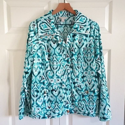 Laura Ashley Athleisure Jacket Size M Long Sleeve Roll Tabs Turquoise Patterened - Image 1 of 4