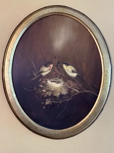 Antique Oil on Board Oval Painting - Two Birds and a Bird Nest - 18.5” x 22.5” - Picture 1 of 23