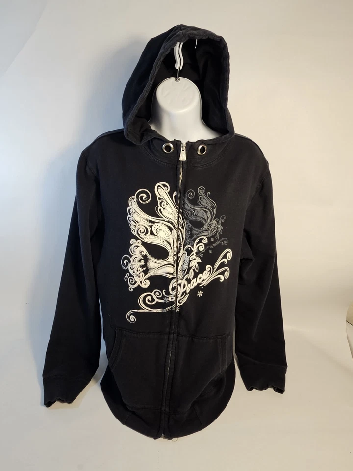 Sudadera con Capucha Negra Bug Moda De Colección con Paloma Paz Blanca y Floral Delantera y Trasera Talla XL Foto 1 de 4