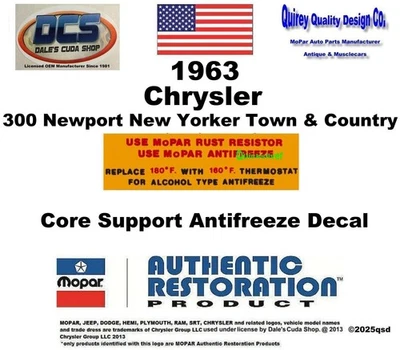 1963 Chrysler 300 New Yorker Correct Core Support Antifreeze Decal New MoPar USA - Image 1 of 3