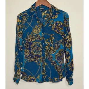 Bebe Baroque Print Blouse Womens XS 100% Silk Sheer Blue & Gold Button Down Top - Picture 1 of 5
