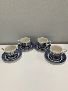 Set Of 4 Vintage Classic Churchill Blue Willow England Tea Cups & 4 Saucers A+ - Picture 1 of 8