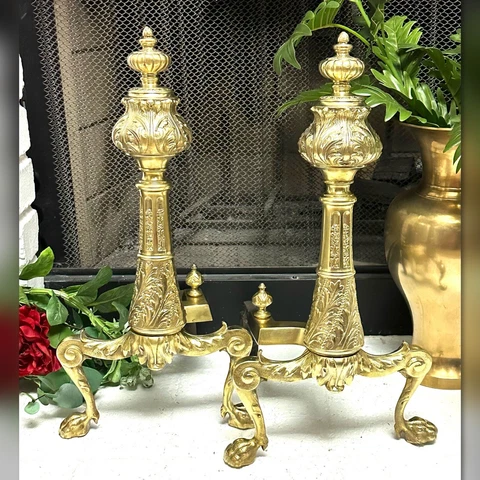 Antique Brass Fireplace Andirons Georgian Styled Flame Final / Ram Hooves Ornate Cover