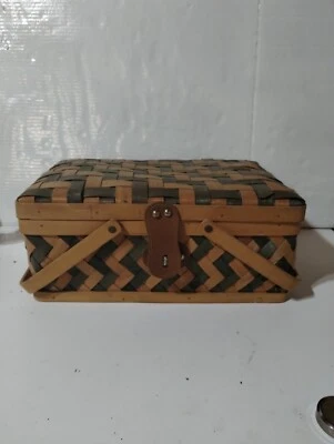Vintage Woven Wood Picnic Basket With 2 Swinging Handles Leather Hindges And... - Image 1 of 4