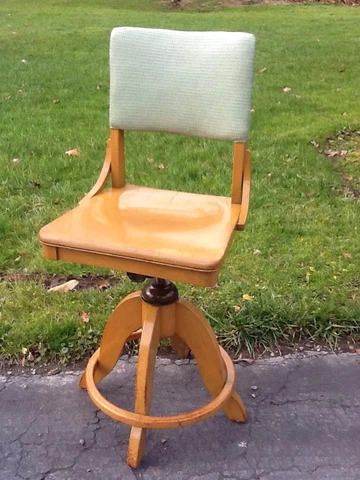 Vintage Heavy Wood Library Swivel Adjustable ( 22" To 26" )  Chair - Very Good Cover