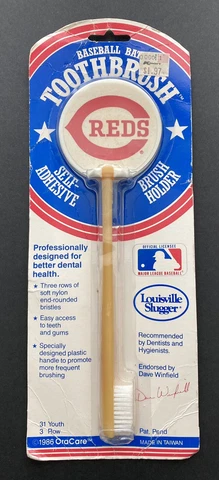 Vintage 1986 Cincinnati Reds OraCare Baseball Bat Toothbrush With Holder NIP Cover