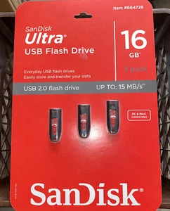 SanDisk Ultra USB 2.0 Flash Drive 16GB Up To 15MB/s PC&MAC COMPATIBLE New 3 Pack - Picture 1 of 2