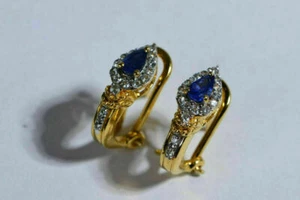 3Ct Pear Cut Blue Sapphire Simulated Omega Back Earrings 14K Yellow Gold Plated - Picture 1 of 3