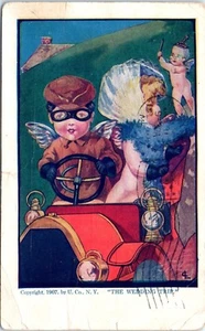 Valentine Postcard 1907 Cartoon Angel Cherub Children Old Car The Wedding Trip - Picture 1 of 2
