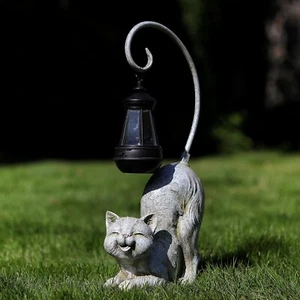 Estatuilla de gato riendo con luz LED alimentada por energía solar, mármol de 15,7 pulgadas de alto - Imagen 1 de 6