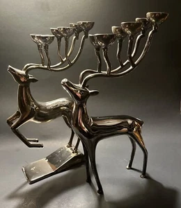 Two Silver Plate Reindeer Candelabra Candle Holders, 1 Pottery Barn, 1 Godinger - Picture 1 of 20