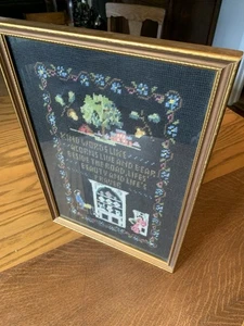Antique Framed Wool Needlepoint Sampler Kind Words Like Acorns….Black 12x18” - Picture 1 of 10