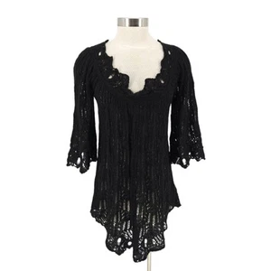 L.A.M.B. Crochet Sweater Silk Black Bell 3/4 Sleeve V Neck Open Knit Pullover 8 - Picture 1 of 9